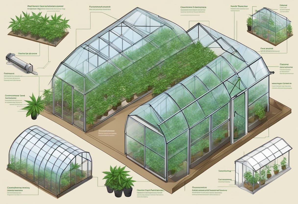 Ein Gewächshaus-Plan für den Anbau von Cannabis, mit detaillierten Plänen und Ausrüstungsanordnung